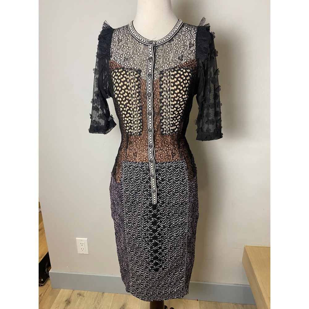 Beguile by Byron Lars Mixed Media Lace Sheath Dress Black Patterned Size 6